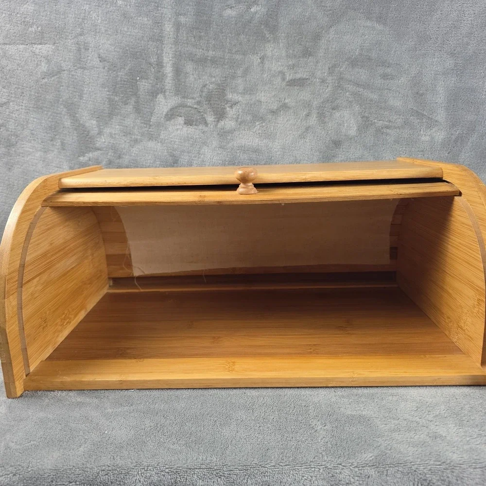 Large Rolltop Bamboo Wood Bread Box Light Natural Wood Grain